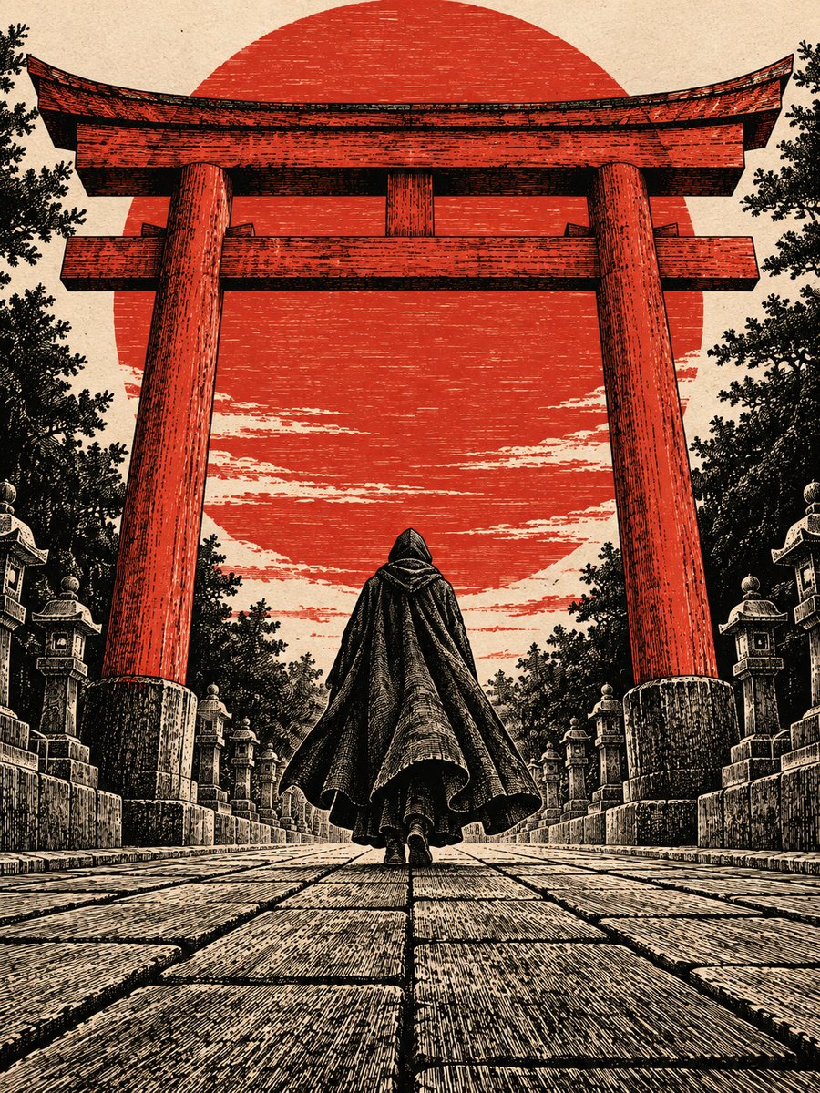 朱色の鳥居をくぐる旅人