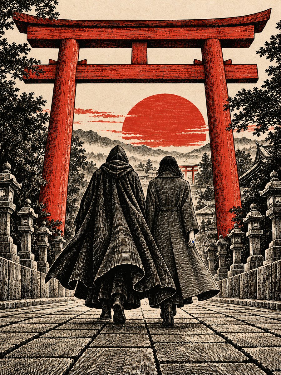神社の参道を歩く二人